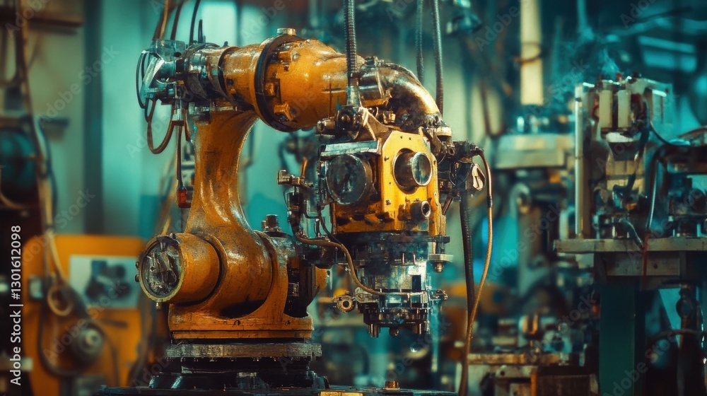 Industrial Robot Arm in Mechanic Workshop with Tools and Equipment Industrial Robot Arm in Mechanic Workshop with Tools and Equipment