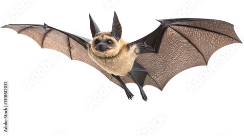 Pallid bat flying with spread wings on transparent background