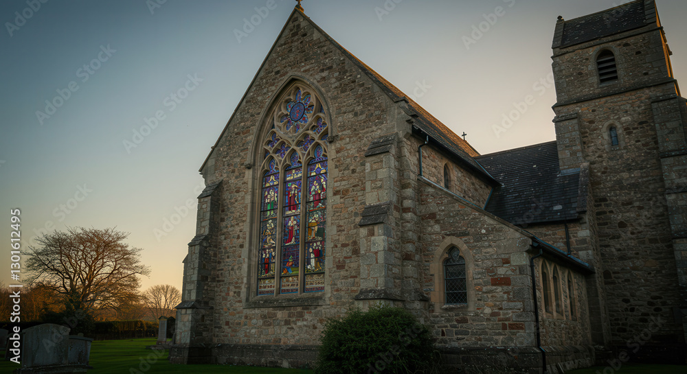 Fototapeta premium Historic Gothic Church with Stained Glass Windows in Evening Light