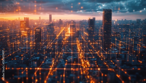 Wallpaper Mural Futuristic cityscape at sunset with glowing network connections. Torontodigital.ca