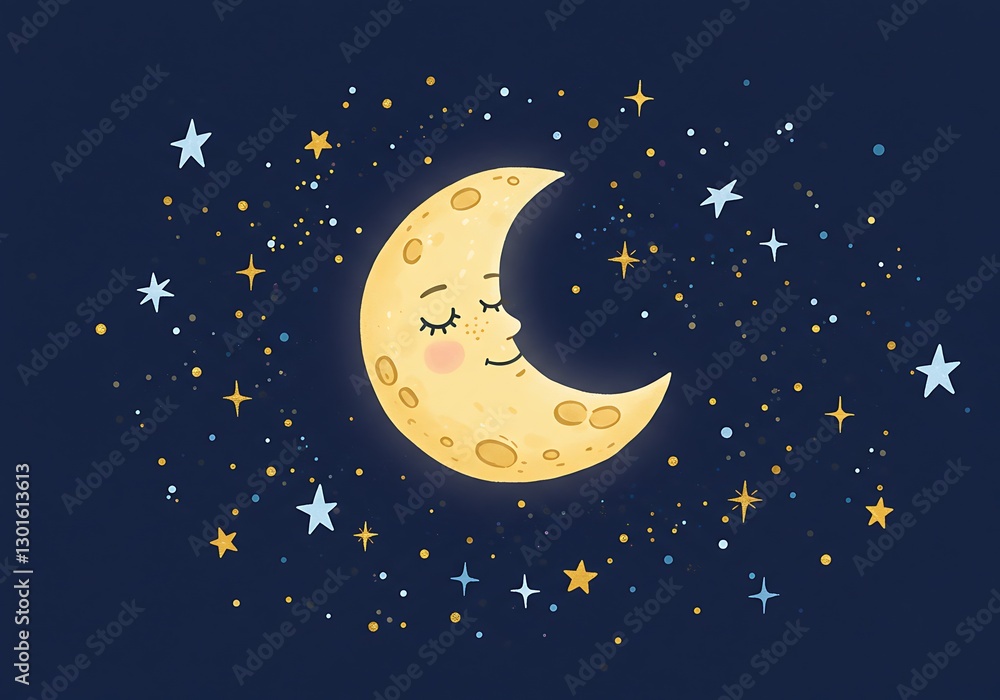 Naklejka premium Sweet Dreams: A Crescent Moon's Gentle Slumber in a Starry Night
