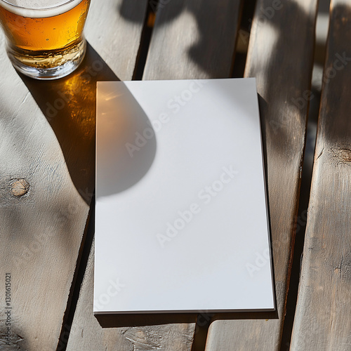 Blank Paper on Wooden Table with Beer Glass and Shadows - AI Generated