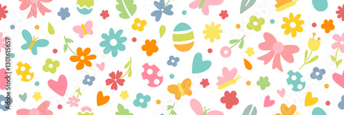 Easter seamless pattern eggs, and flowers. Vector illustration.