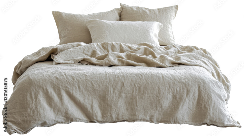 Fototapeta premium Unmade bed with beige linen sheets and pillows on transparent background