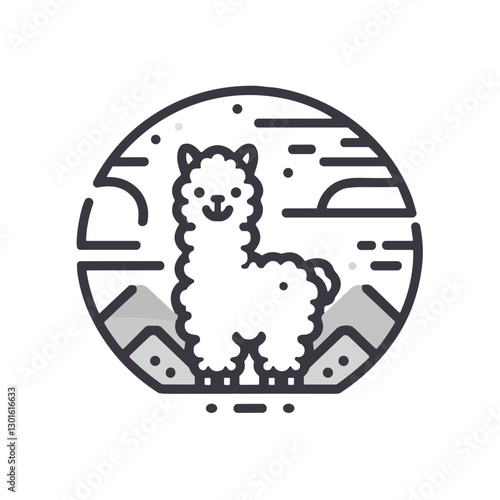 Cute alpaca icon in modern style with mountains and sky background for design projects
