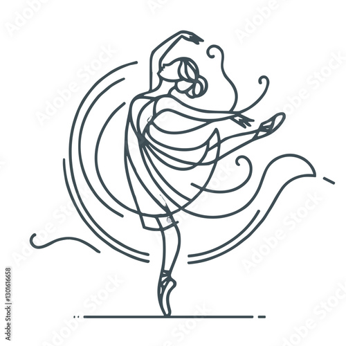 Elegant ballet dancer performing in a graceful pose with swirling lines on a white background