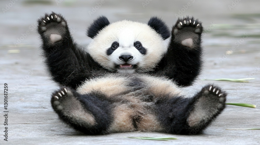 Fototapeta premium Playful Panda Cub Lying Down with Paws Up in Zoo Enclosure