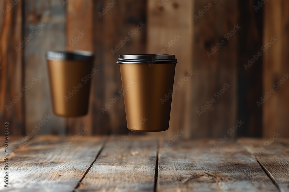 Golden Coffee Cups on Rustic Wooden Table Golden Coffee Cups on Rustic Wooden Table