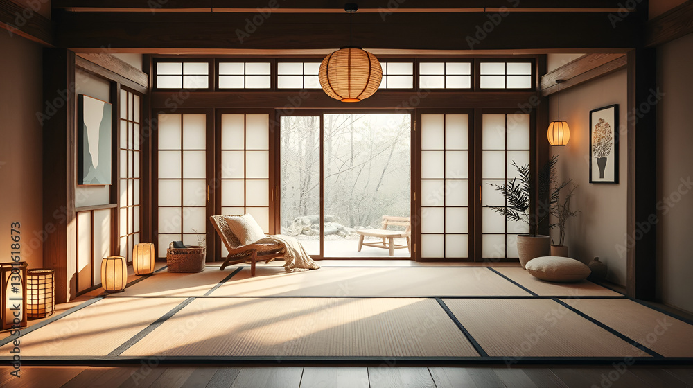 Creating a tranquil japanese-style zen nursery with tatami mats and paper lanterns in a serene softwood environment Creating a tranquil japanese-style zen nursery with tatami mats and paper lanterns in a serene softwood environment