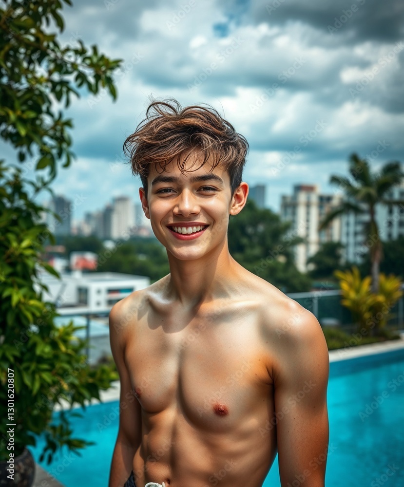 Relaxed young man with a charming smile outdoors. Generative AI