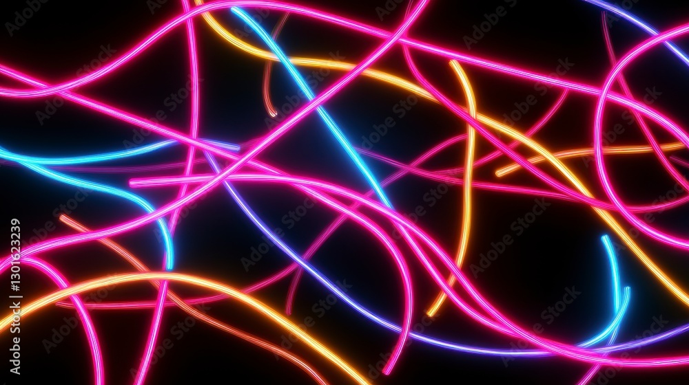Abstract neon lines on black background. Possible use graphic design, digital art, poster Abstract neon lines on black background. Possible use graphic design, digital art, poster