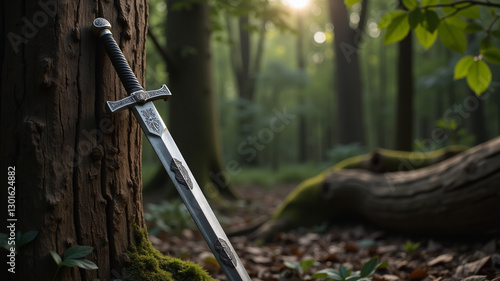 A sword leaning against a wooden pillar photo