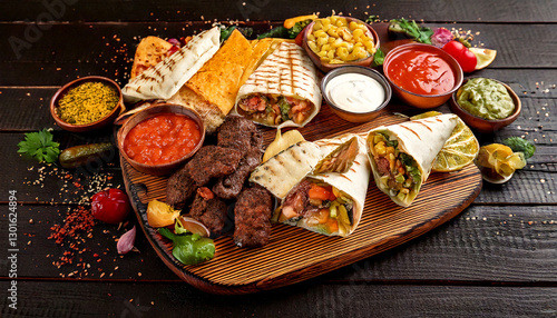 An array of popular Arabic street foods like shawarma wraps, grilled kebabs, falafel sandwic