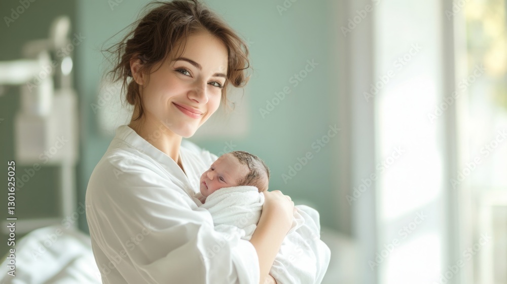 New mother joyfully holds her newborn in a hospital setting filled with natural light New mother joyfully holds her newborn in a hospital setting filled with natural light