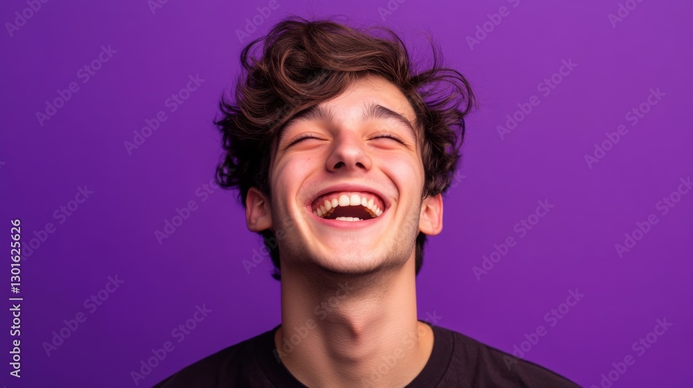 Young man laughing joyfully against a vibrant purple background, showcasing happiness and energy in a bright moment Young man laughing joyfully against a vibrant purple background, showcasing happiness and energy in a bright moment