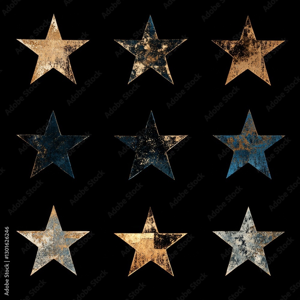 Nine Distressed Stars on Black: A Constellation of Textures and Colors, a Celestial Grunge Aesthetic. Nine Distressed Stars on Black: A Constellation of Textures and Colors, a Celestial Grunge Aesthetic.