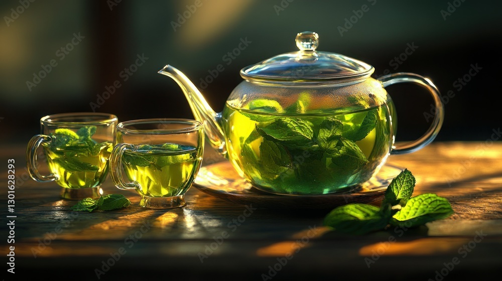 Glass teapot and cups of fresh mint tea on wooden table, sunlit Glass teapot and cups of fresh mint tea on wooden table, sunlit