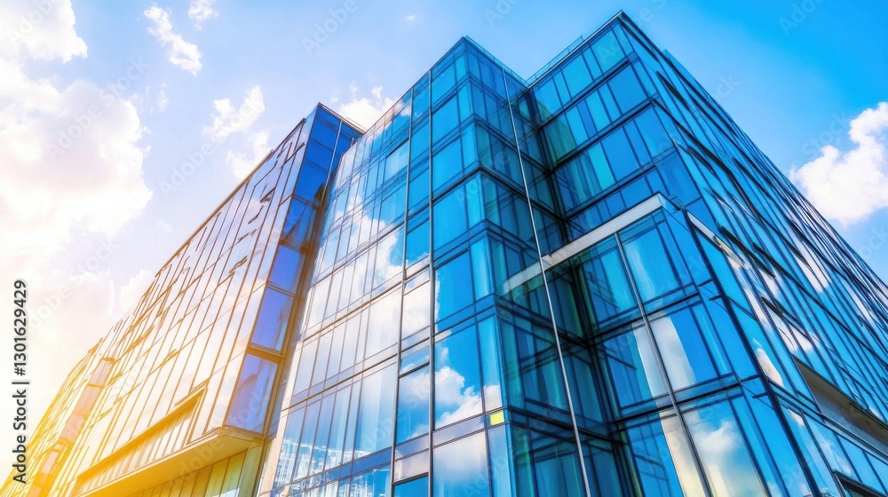 Modern Glass Building with Reflections Under Bright Blue Sky Modern Glass Building with Reflections Under Bright Blue Sky