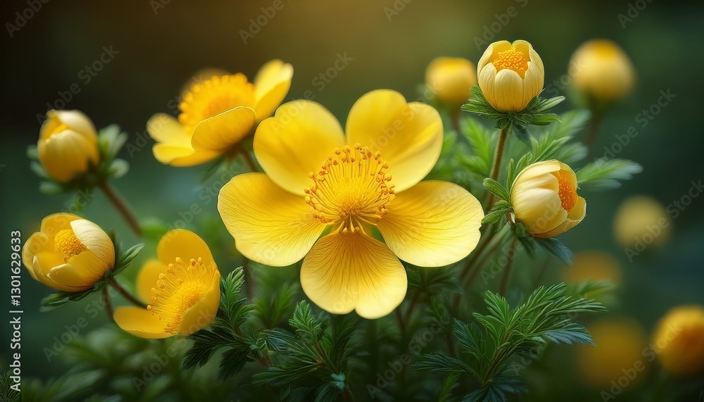 Obraz premium Potentilla drummondii, Drummond's cinquefoil flowering with yellow blooms in the garden