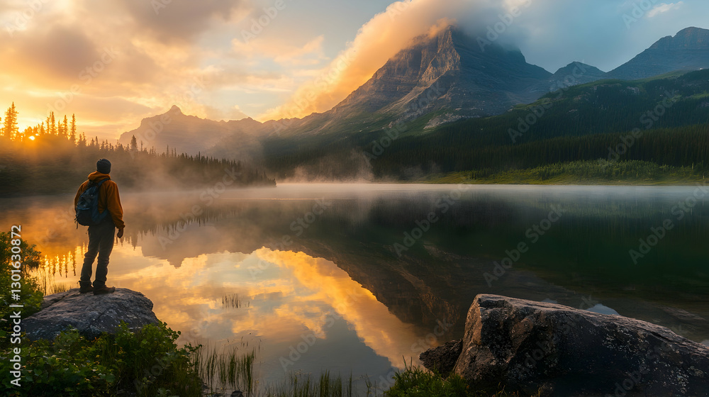 Lone traveler witnessing the first golden rays of sunrise over a tranquil lake Lone traveler witnessing the first golden rays of sunrise over a tranquil lake