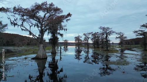 Aerial view of Caddo Lake State Park stunning fall colors.