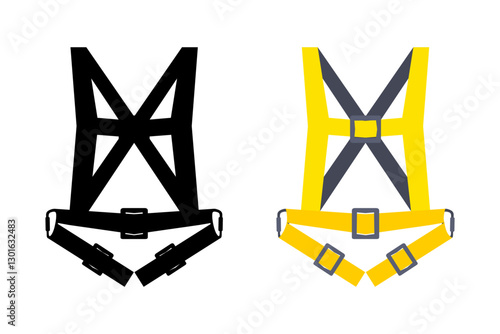 Vector safety harness illustration in black and yellow. Fall protection gear for construction workers and high risk jobs.