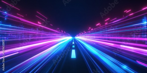 Futuristic neon highway with glowing lines and digital data streams.