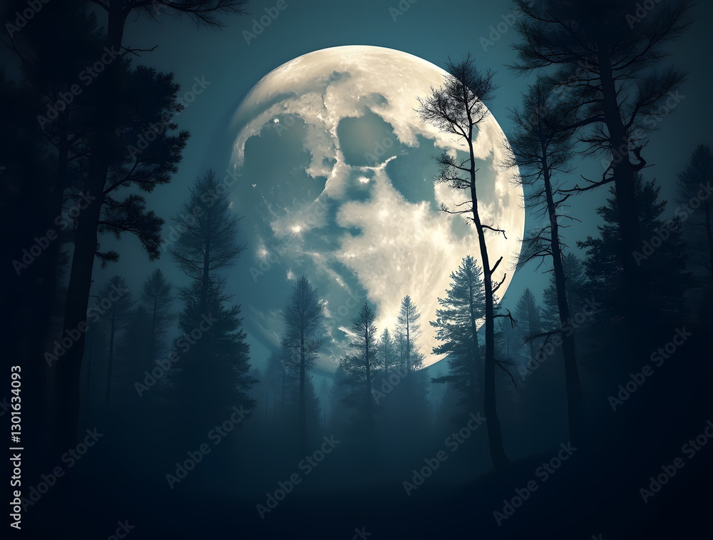 Naklejka premium Enchanted Nightscape: Majestic Moon Illuminating a Shadowy Forest with Towering Trees and Ethereal Silhouettes Under a Starry Sky