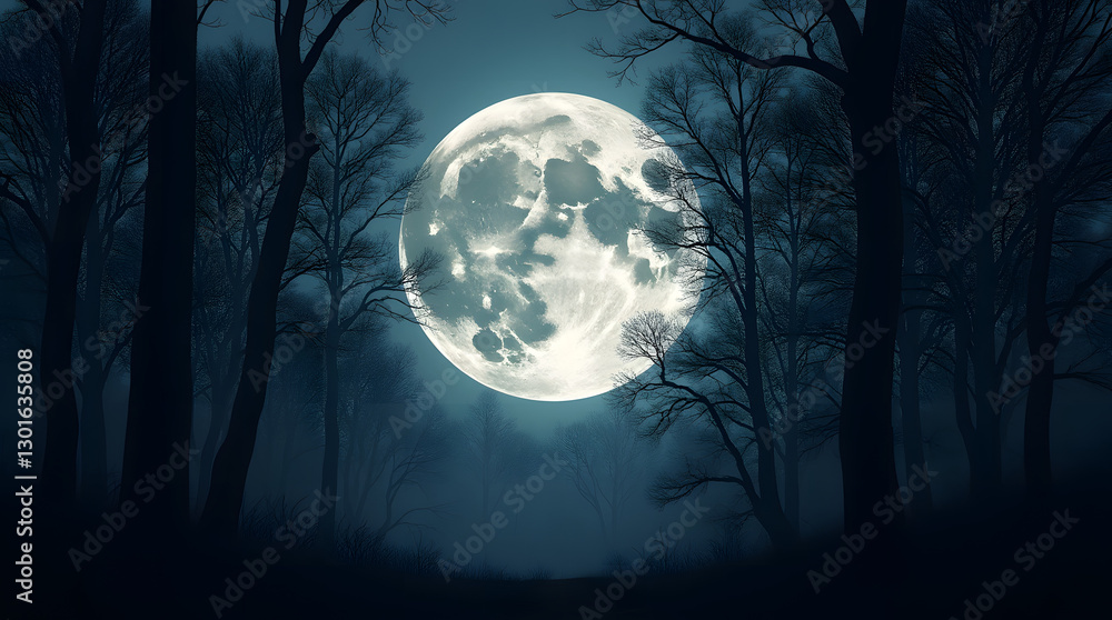 Naklejka premium Enchanted Nightscape: Majestic Moon Illuminating a Shadowy Forest with Towering Trees and Ethereal Silhouettes Under a Starry Sky