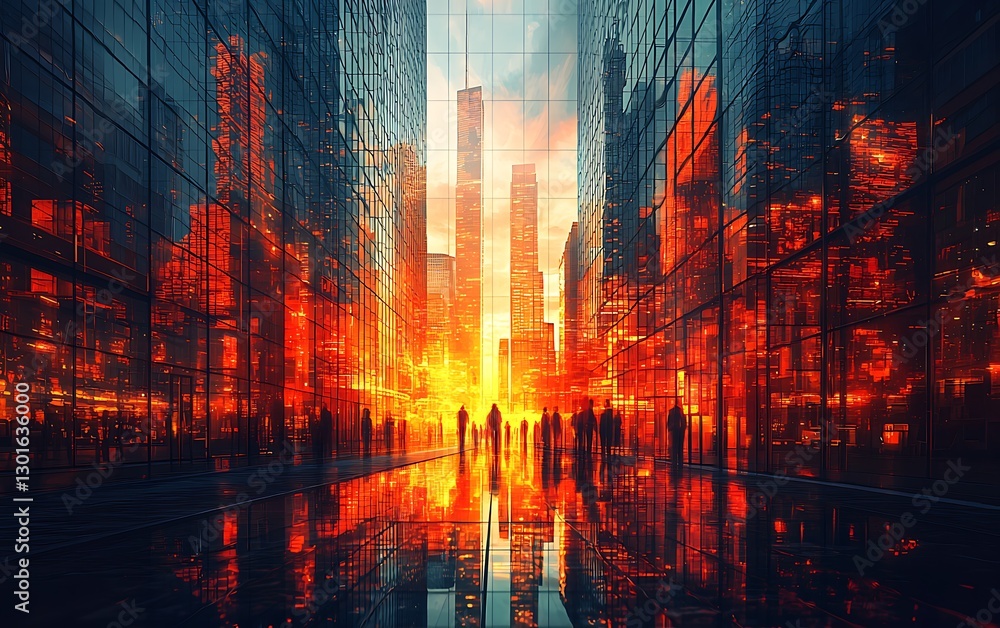 Obraz premium City Sunrise, Crowded Street, Urban Scene