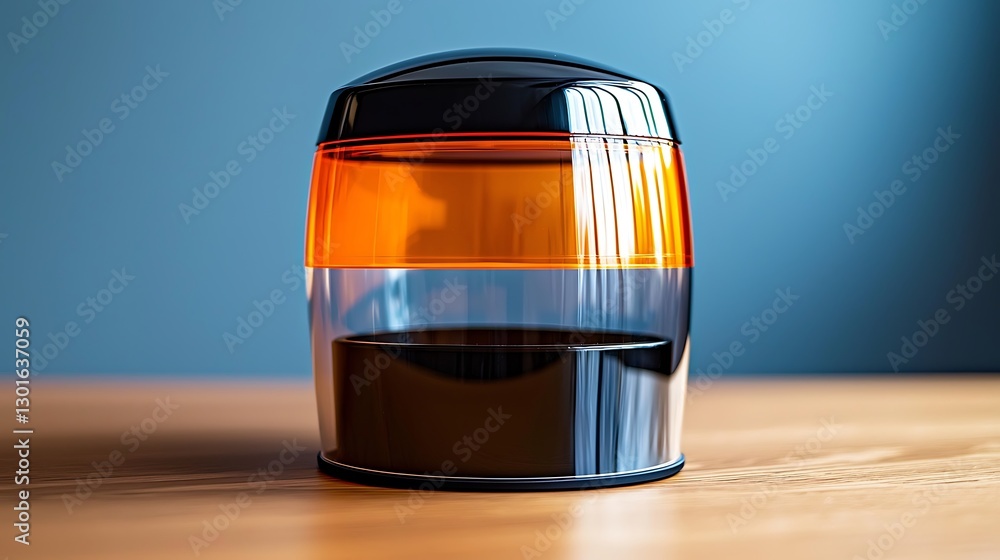 Clear jar with orange and black sections on a wooden surface with a blue background Clear jar with orange and black sections on a wooden surface with a blue background