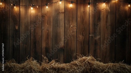 Rustic wooden wall and warm string lights with straw in farmhouse setting