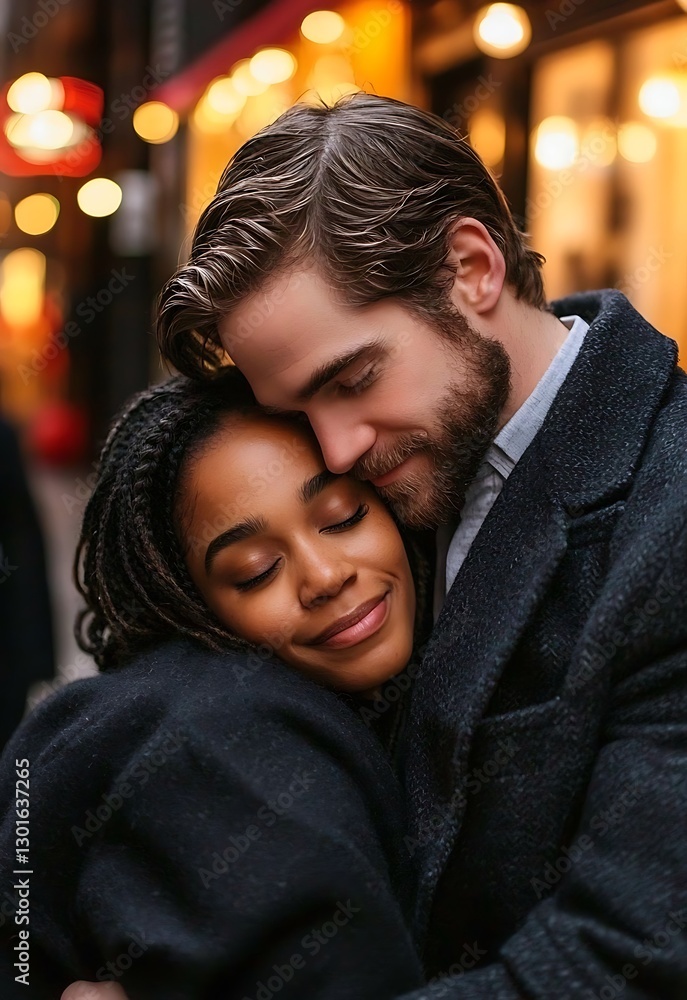 Fototapeta premium Romantic Couple Embracing in Urban Street During Evening Glow