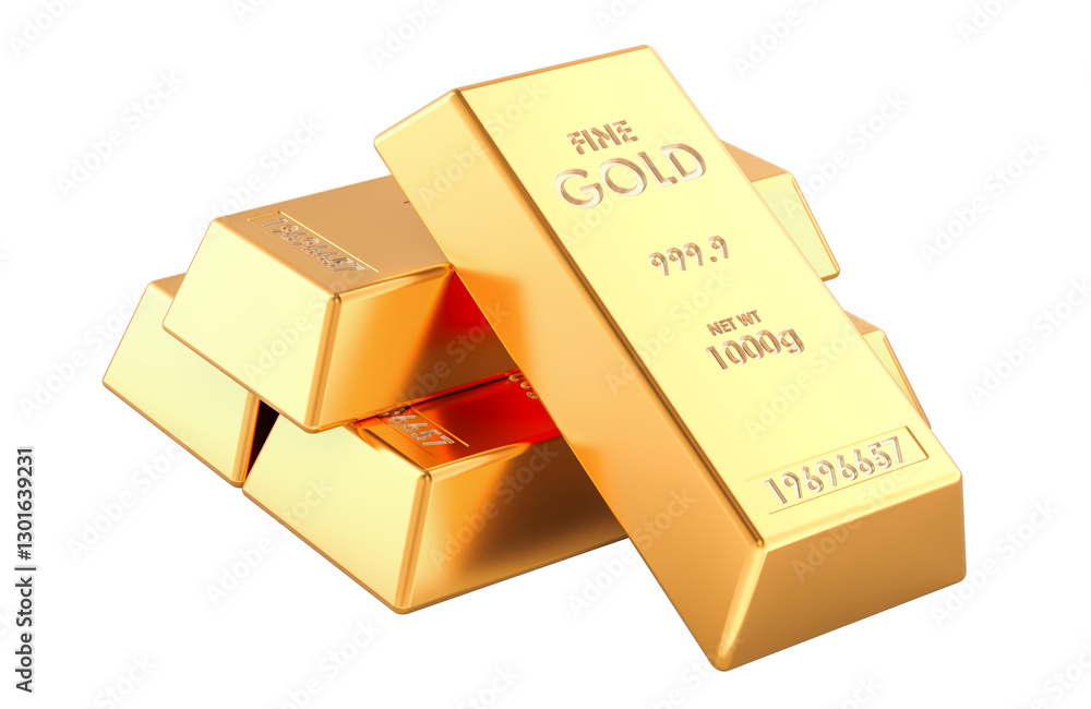 Golden bullions, golden ingots. 3D rendering isolated on transparent background Golden bullions, golden ingots. 3D rendering isolated on transparent background