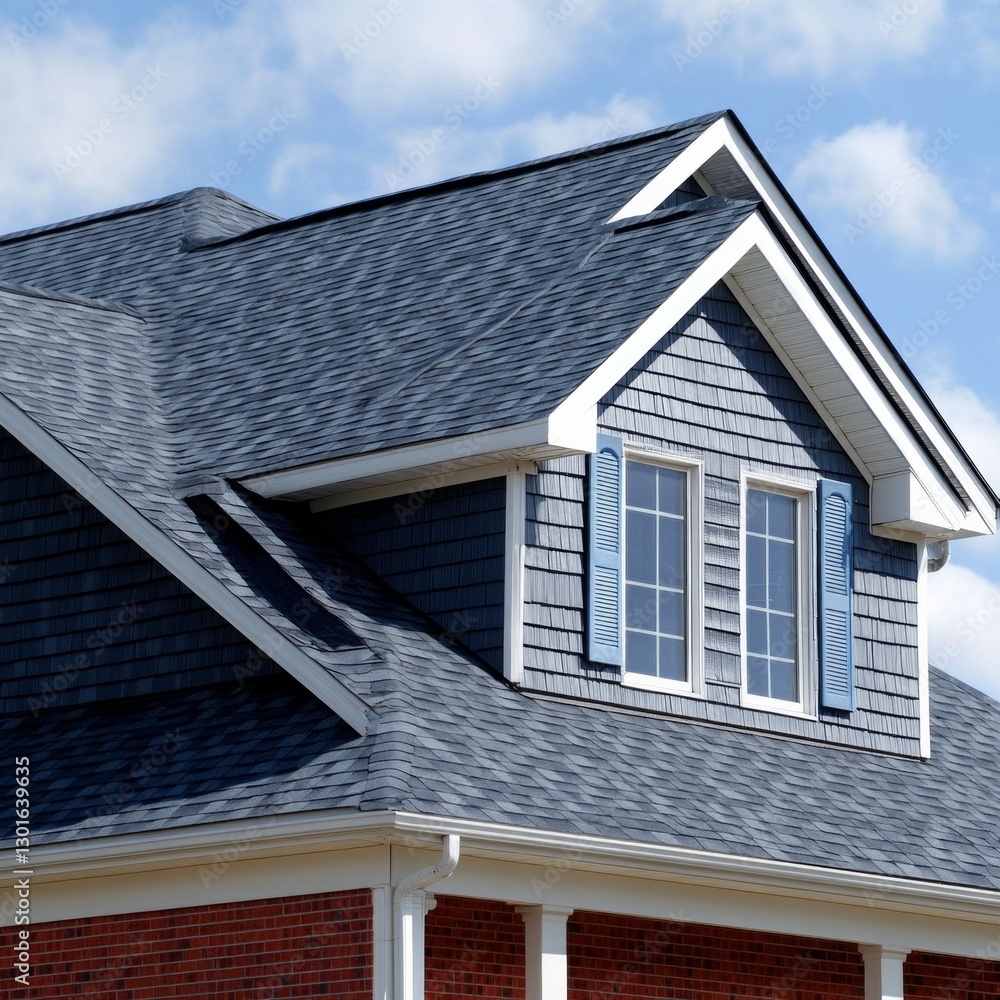Modern blue gabled roof with dormer windows on brick house Modern blue gabled roof with dormer windows on brick house
