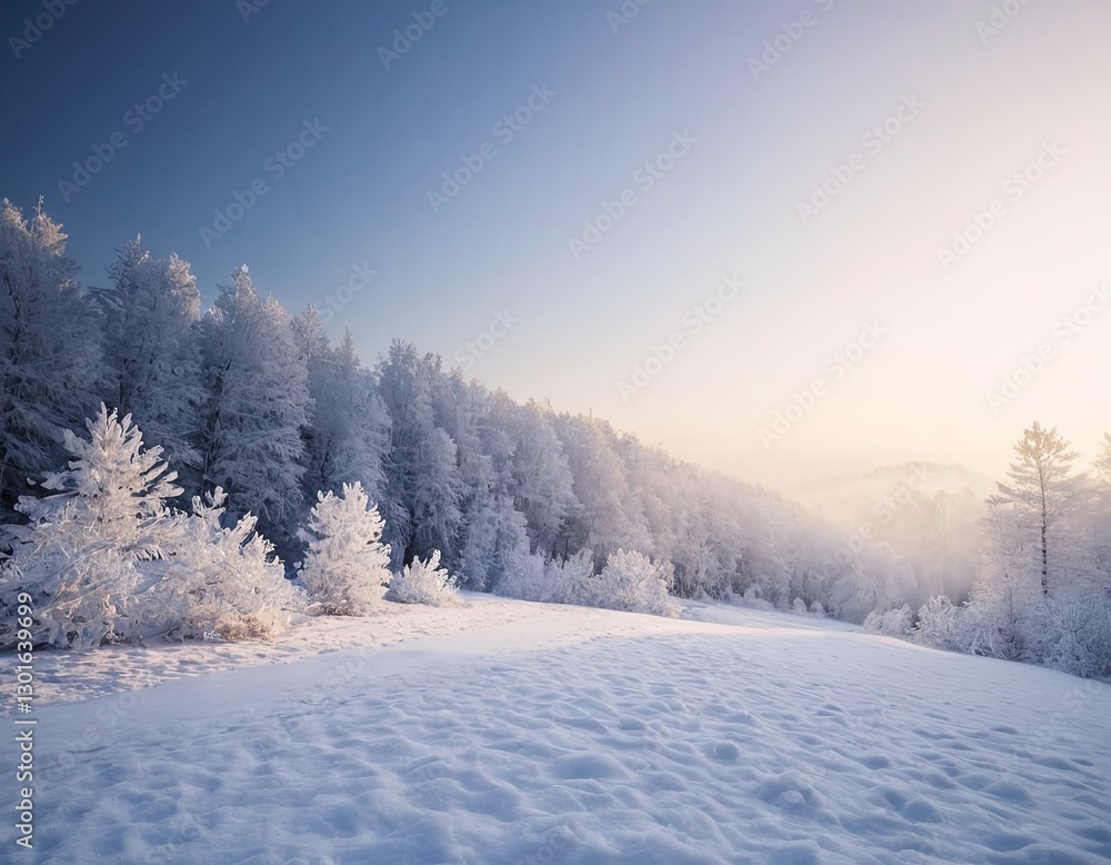Serene winter landscape with snow-covered trees and a soft blue sky. Serene winter landscape with snow-covered trees and a soft blue sky.