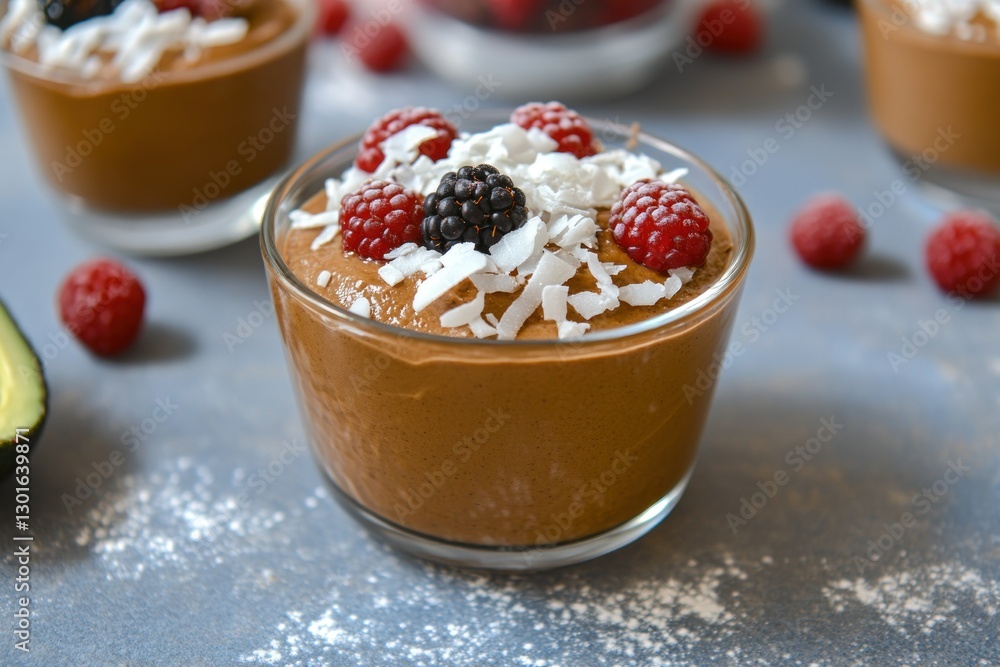 Indulgent Chocolate Mousse Topped with Berries and Coconut Flakes in a Culinary Setting Indulgent Chocolate Mousse Topped with Berries and Coconut Flakes in a Culinary Setting