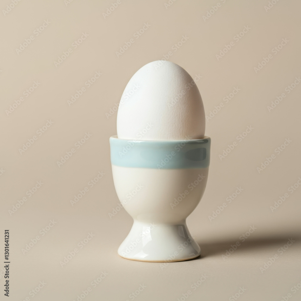 Elegant white egg in blue holder against minimalistic background, simplicity Elegant white egg in blue holder against minimalistic background, simplicity