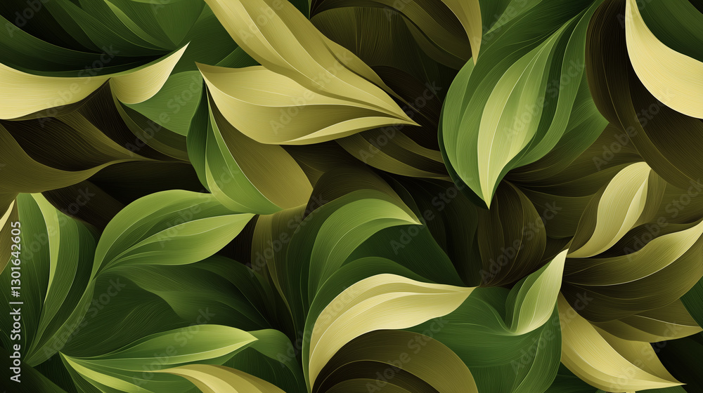 A seamless abstract leaf pattern with swirling dark green and olive shapes, deep brown accents, and soft beige highlights, creating a clean, vector-style design with natural, earthy tones A seamless abstract leaf pattern with swirling dark green and olive shapes, deep brown accents, and soft beige highlights, creating a clean, vector-style design with natural, earthy tones