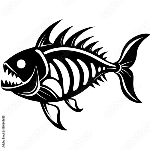 an illustrated image of a piranha fish skeleton with a menacing grin. The artwork features a detailed depiction of the fish's bony structure and sharp teeth vector illustration