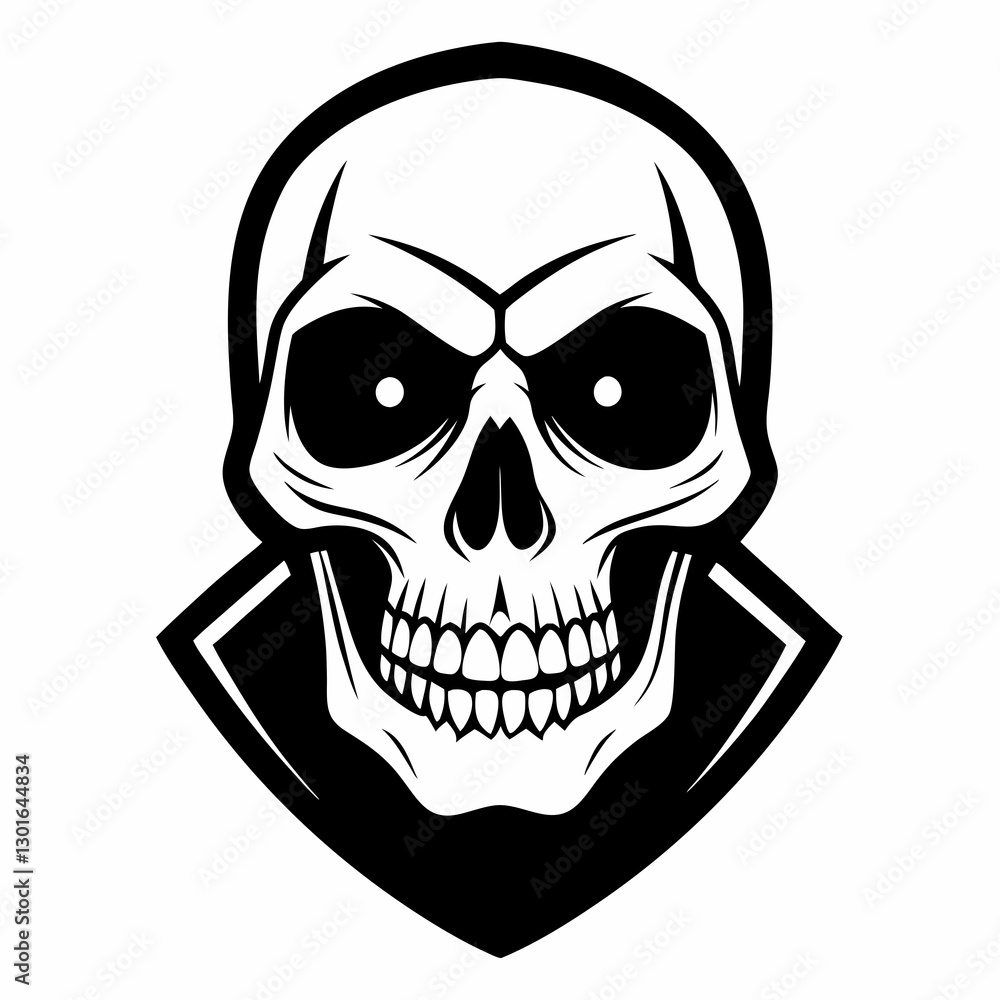 Obraz premium a detailed illustration of a skull with a sinister appearance. The skull has a symmetrical design with prominent eye sockets, a nose cavity, and teeth, framed by a collar vector illustration