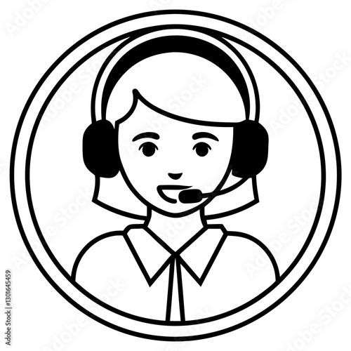 a customer service representative in a headset, icon and avatar. It depicts a friendly, helpful face with a headset, within a circular frame vector illustration