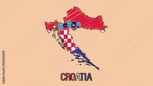 Croatia Hand Drawn Cartoon Animated Map with Flag Inside the Territory with Isolated Background