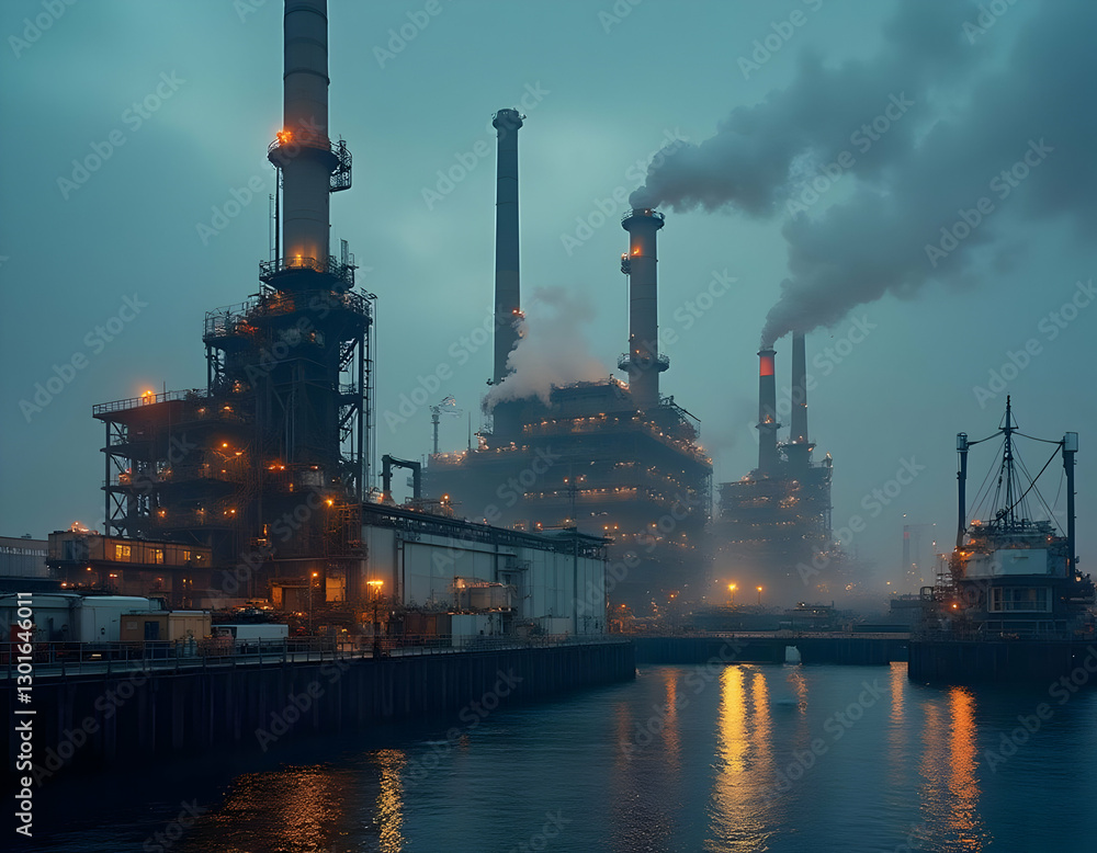 A large industrial complex emitting plumes of smoke into the atmosphere A large industrial complex emitting plumes of smoke into the atmosphere