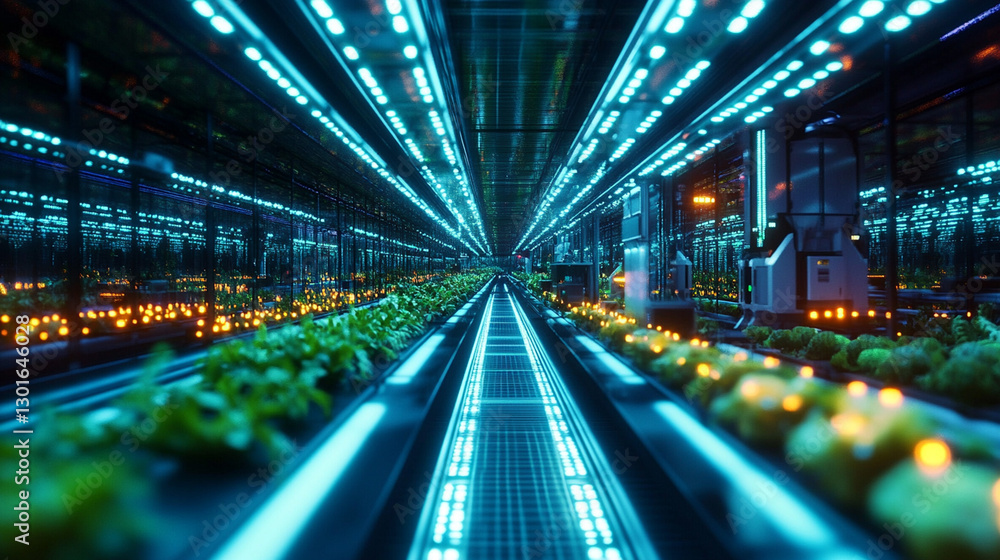 Fototapeta premium Futuristic hydroponic greenhouse interior. Rows of plants illuminated by blue and white LED lights in a tunnel-like structure.