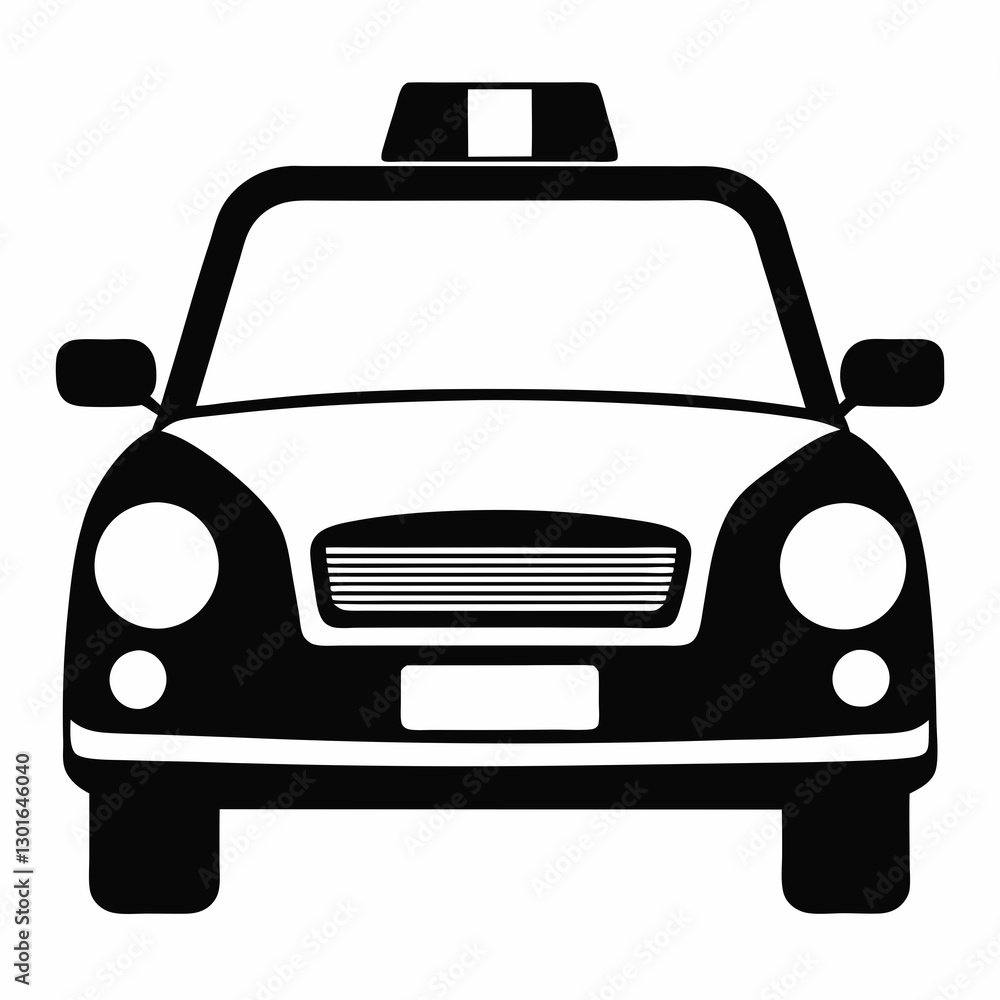 an illustrated taxi cab viewed head-on. This image is in black and white and the cab has a recognizable shape with its headlights and a light on the roof vector illustration an illustrated taxi cab viewed head-on. This image is in black and white and the cab has a recognizable shape with its headlights and a light on the roof vector illustration