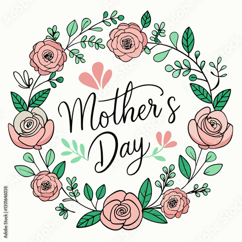 Mother's Day floral wreath with lettering in the middle, perfect for greeting cards and celebration designs. A festive, loving greeting, showcasing flowers for Mothers Day vector illustration