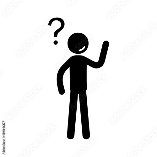 A stick figure with a question mark above the head is raising a hand, expressing confusion or seeking an answer vector illustration