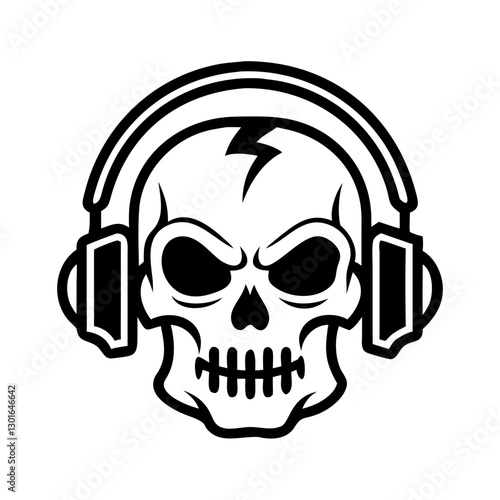a skull wearing headphones with a lightning bolt, conveying a sense of edgy music or sound. This image combines themes of death, music, and energy vector illustration