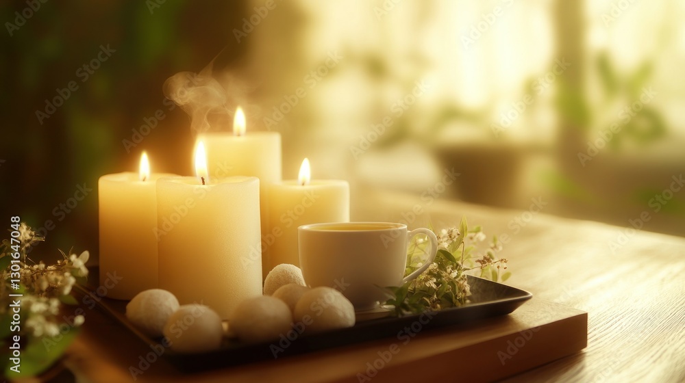 Warm, candlelit spa scene with tea and stones on tray Warm, candlelit spa scene with tea and stones on tray